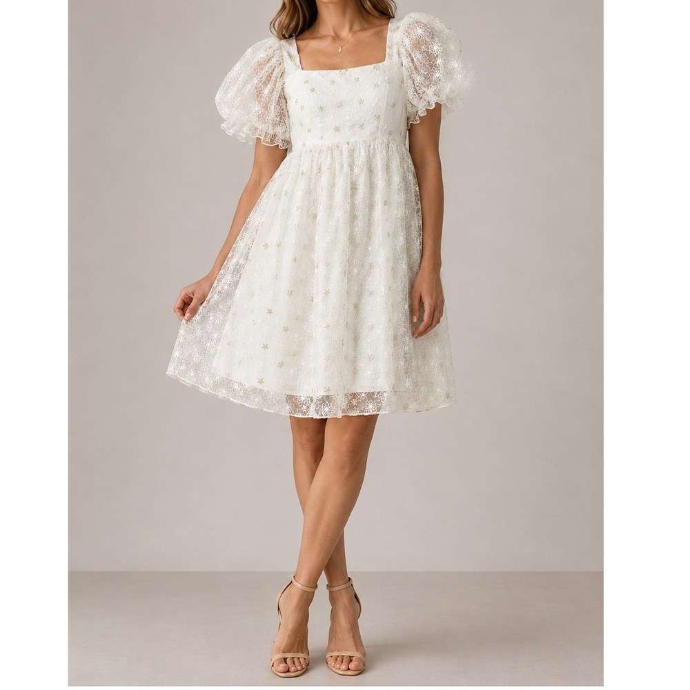 Altar'd State White Mesh Floral Babydoll Mini Dress Embroidered Gold Stars NWT S